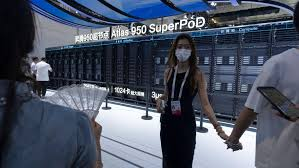 Advanced AI processors connected inside a large computing cluster as China expands domestic AI infrastructure