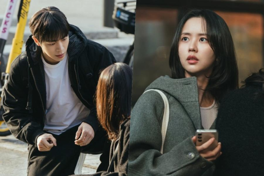 Kim So Hyun and Choo Young‑woo sit together in promotional stills for Between Steps