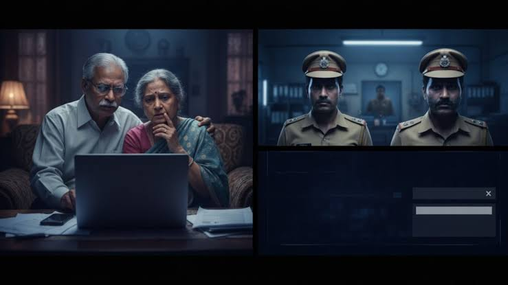 Elderly man on phone with messaging app icons, symbolic image of digital arrest scam