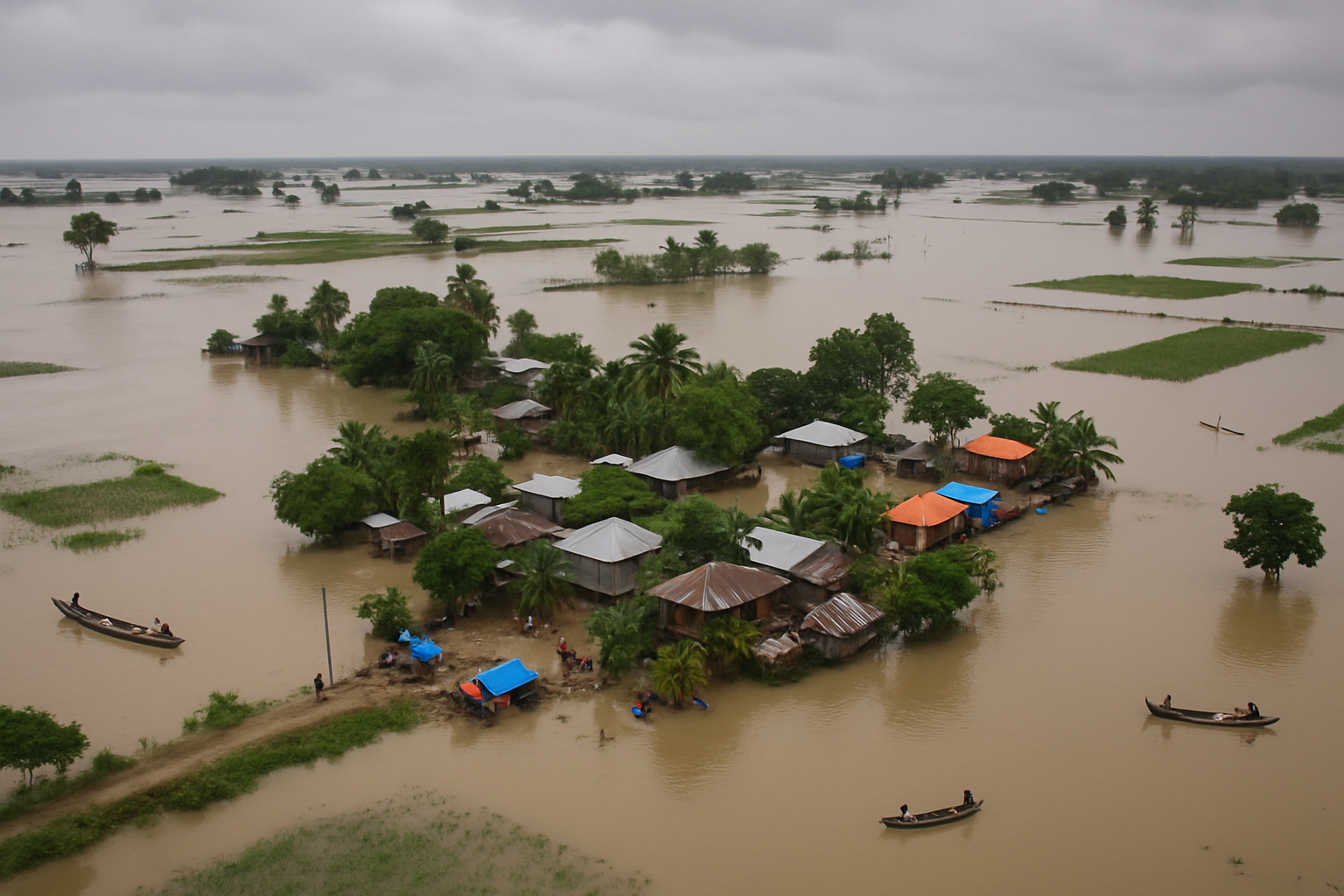 Aerial view of floodwaters inundating villages and fields in Assam