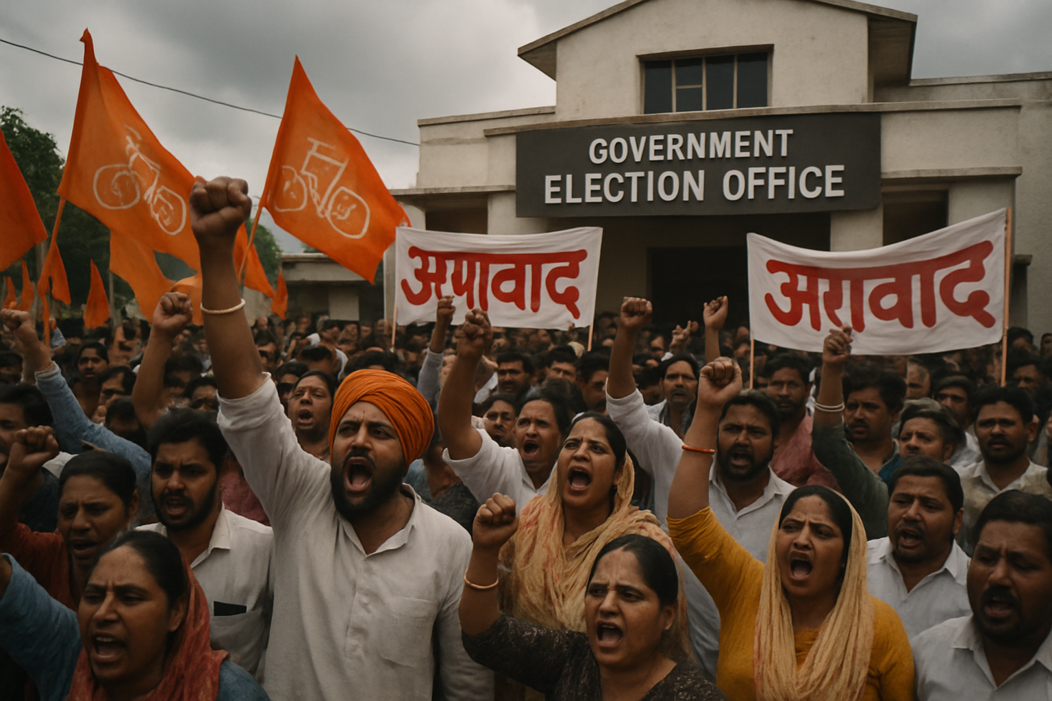 Protesters hold signs and banners in front of an election commission office in India