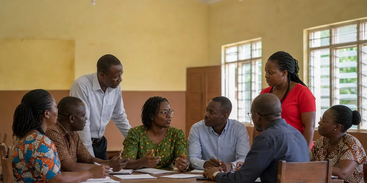 Students outside a closed classroom in Ghana amid teacher strike
